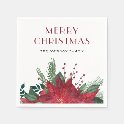 Elegant Floral Red Poinsettia Merry Christmas Napkins