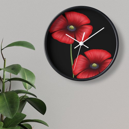 Elegant Floral Red Poppy Flowers on Black Clock