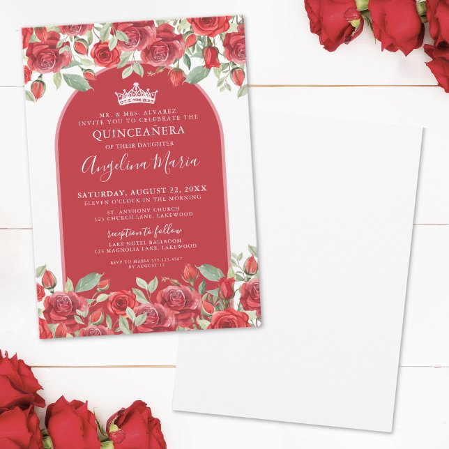 Elegant Floral Red Quinceanera Invitation (Elegant Roses Floral Red Quinceanera Invitation )