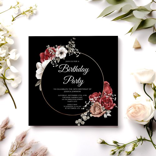 Elegant Floral Red Rose Gold Birthday Party Invitation