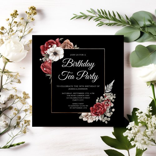 Elegant Floral Red Rose Gold Birthday Tea Party Invitation