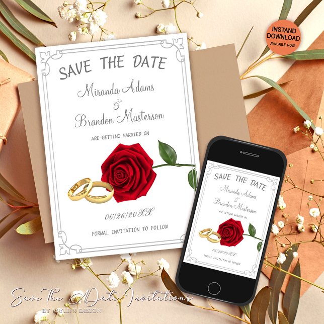 Elegant Floral Red Roses and Rings Wedding Save The Date (Creator Uploaded)