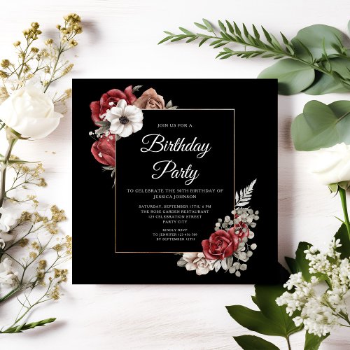 Elegant Floral Red Roses Gold Birthday Party Invitation