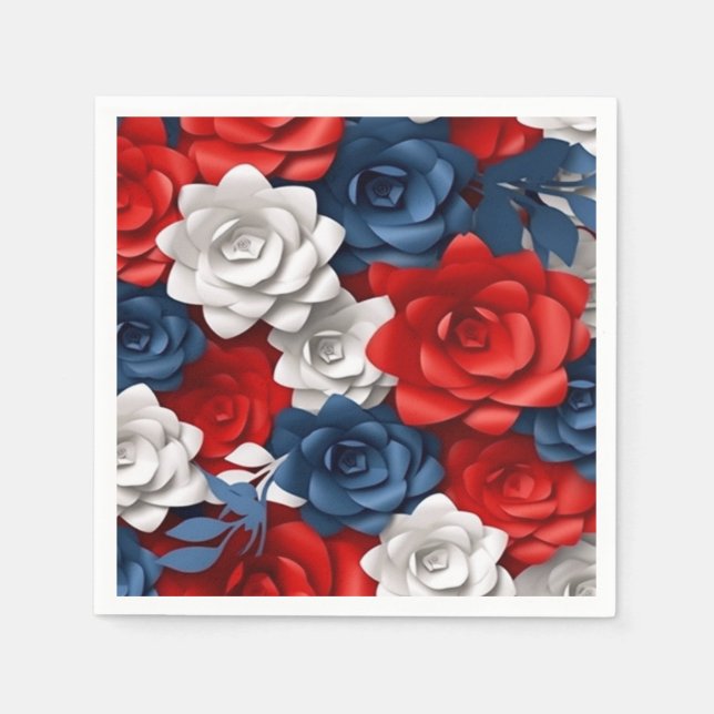 Elegant Floral Red White Blue Flower Garden Design Napkins (Front)