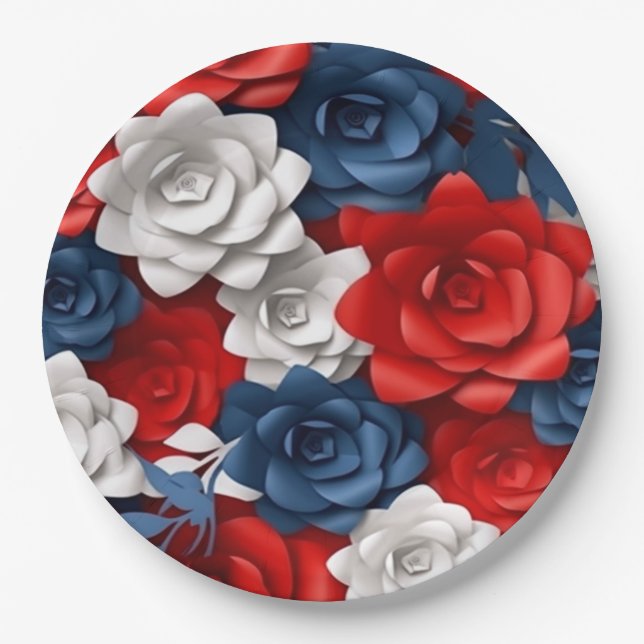 Elegant Floral Red White Blue Flower Garden Design Paper Plates (Front)