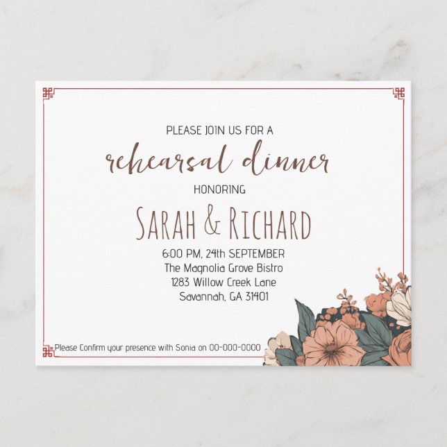 Elegant Floral Rehearsal Dinner Invitation Postcard (Front)