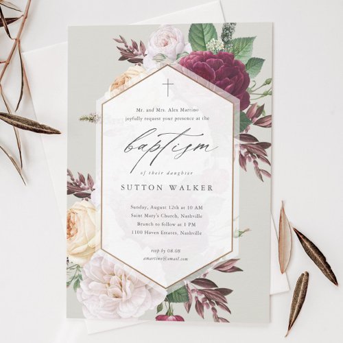 Elegant Floral Religious Baptism  Christening Invitation