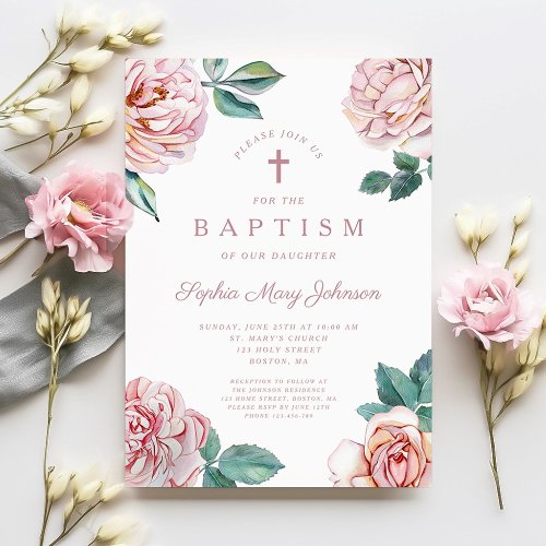 Elegant Floral Religious Cross Girl Baptism Invitation