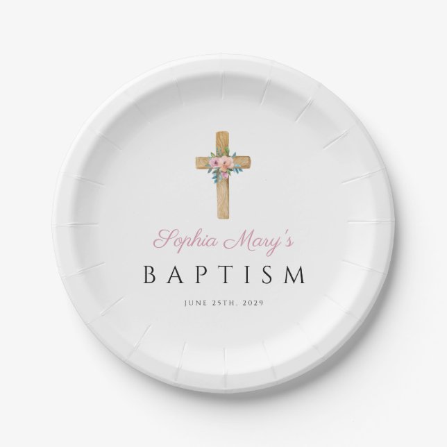 Elegant Floral Religious Cross Girl Baptism Paper Plates (Front)