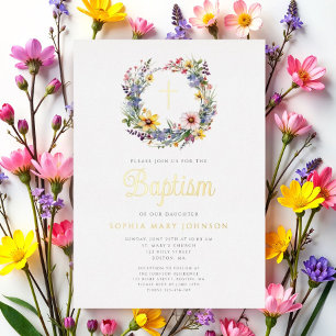 Elegant Floral Religious Girl Baptism Gold Foil Invitation