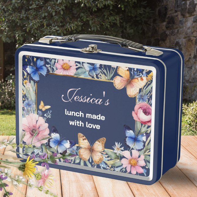 Elegant Floral Retro Pretty Navy Blue Personalized Metal Lunch Box (Personalized lunch box with monogram, flowers, butterflies and 'lunch made with love" words)