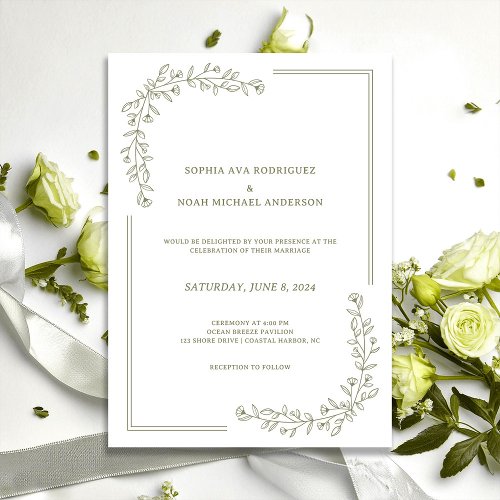 Elegant Floral Rich Sage Green Wedding Invitation