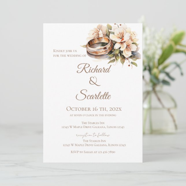 Elegant Floral Rings Wedding Invitation (Standing Front)