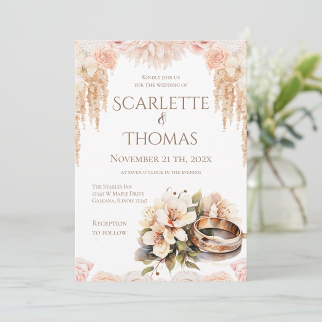 Elegant Floral Rings Wedding Invitation (Standing Front)