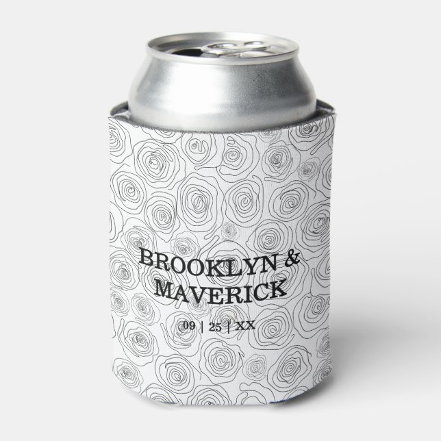 Elegant Floral Rose Black And White Wedding Can Cooler (Can Front)