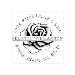 Elegant Floral Rose Blossom Flower Crest Address Rubber Stamp