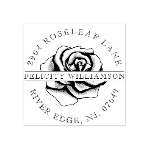 Elegant Floral Rose Blossom Flower Crest Address Rubber Stamp