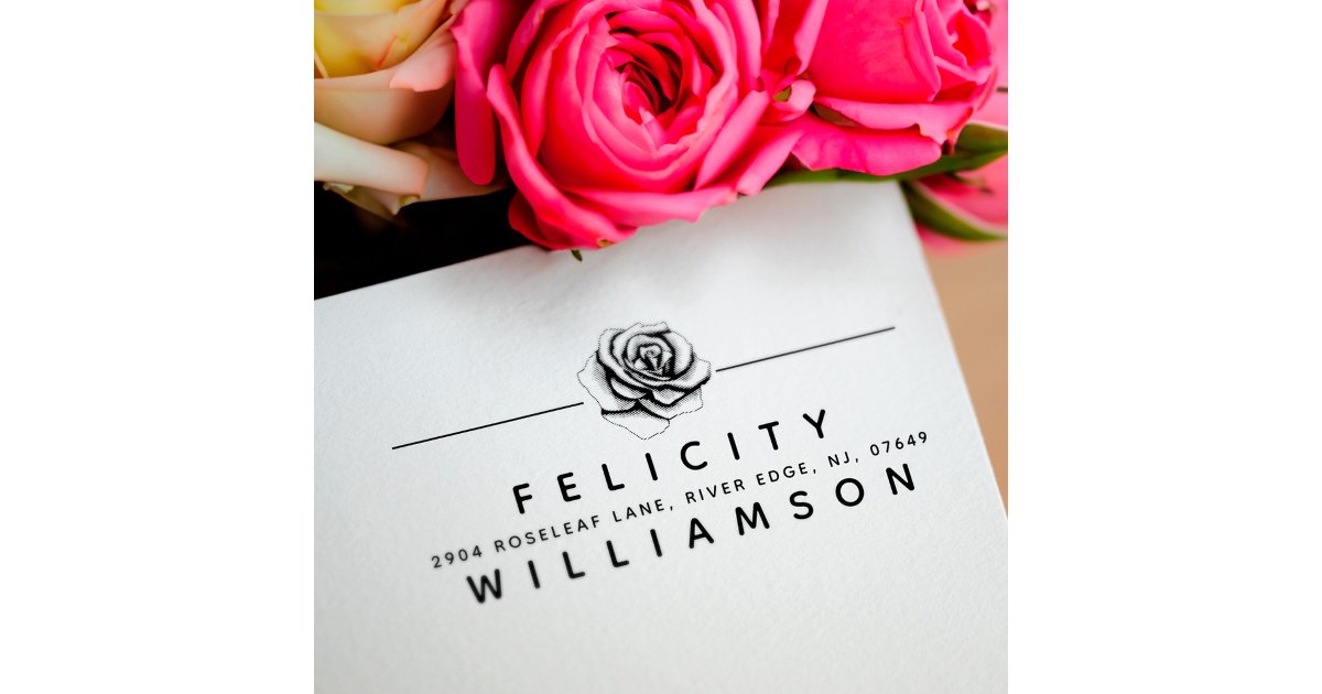 Elegant Floral Rose Blossom Flower Return Address Rubber Stamp | Zazzle
