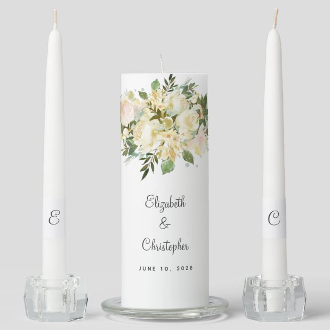 Elegant Floral Rose Bride & Groom Wedding Date Unity Candle Set (Front)