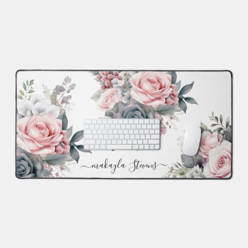 Elegant Floral Rose Custom Name Desk Mat