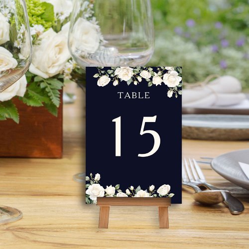 Elegant Floral Rose Dark Blue Table Number Card