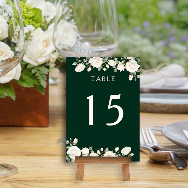 Elegant Floral Rose Dark Green Table Number Card (Table Number Card from the Princess Dress and Roses Collection by Darling & May)