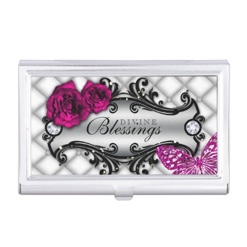 Elegant Floral Rose Flower Glitter Frame Monogram Business Card Holder
