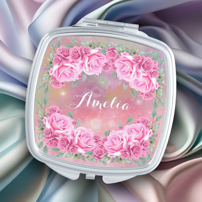 Elegant Floral Rose Frame with Name Compact Mirror (Creator Uploaded)