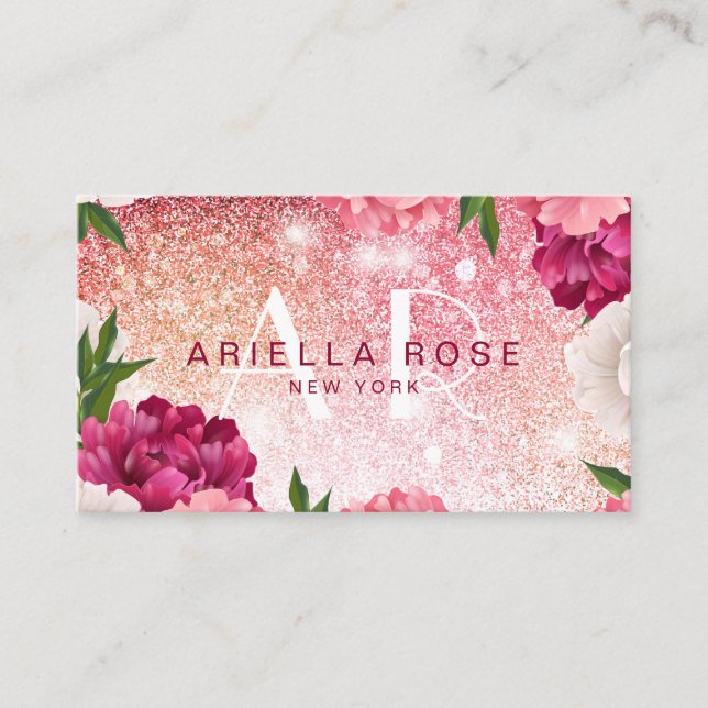 Elegant Floral Rose Glitter Business Card (Front)