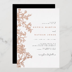 Elegant Floral Rose Gold Black Wedding Foil Invitation