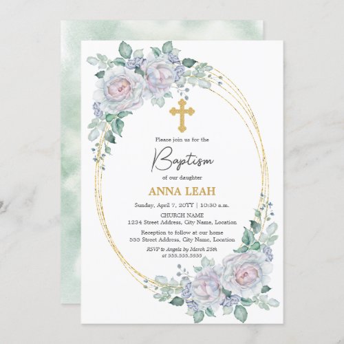 Elegant Floral Rose Gold Cross Baptism Invitation