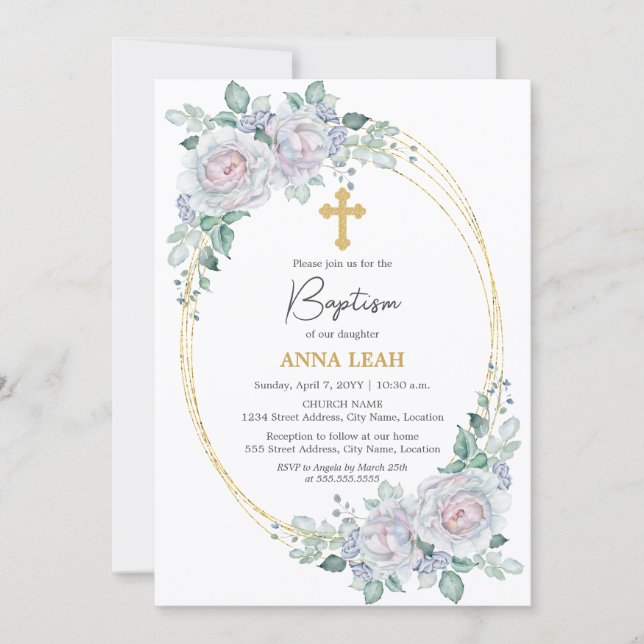 Elegant Floral Rose Gold Cross Baptism Invitation (Front)