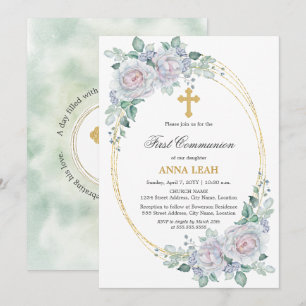 Elegant Floral Rose Gold Cross First Communion Invitation