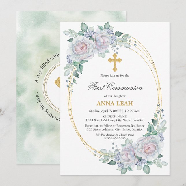 Elegant Floral Rose Gold Cross First Communion Invitation (Front/Back)