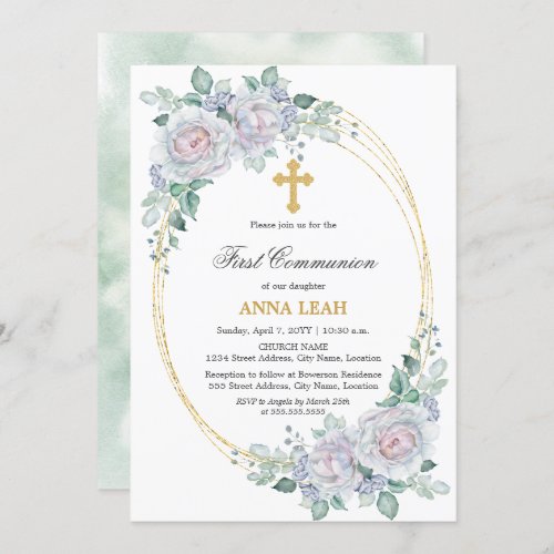 Elegant Floral Rose Gold Cross First Communion Invitation