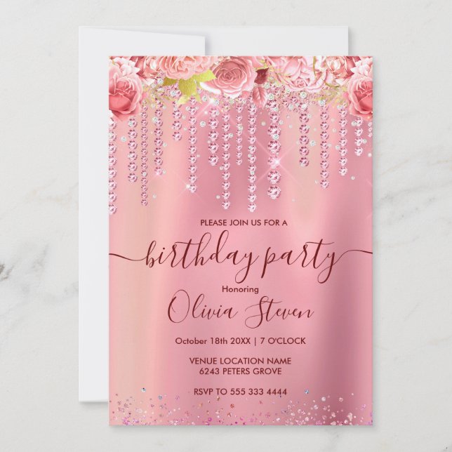 Elegant floral rose gold dripping glitter any age  invitation (Front)