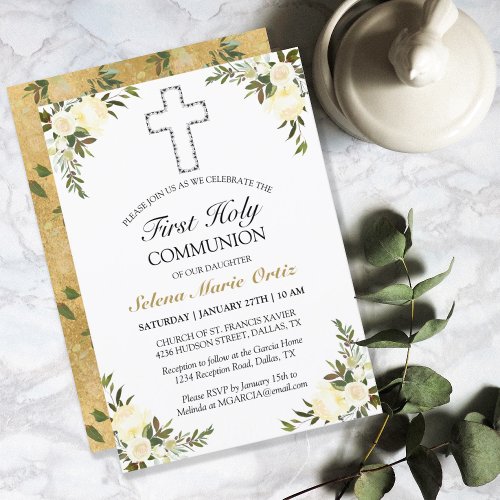 Elegant Floral Rose Gold First Holy Communion Invi Invitation