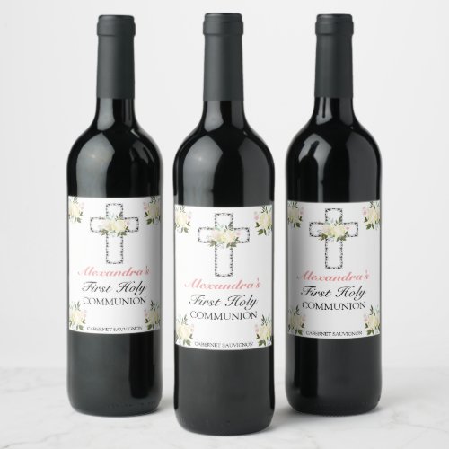 Elegant Floral Rose Gold First Holy Communion Wine Label