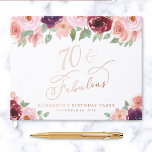 Elegant Floral Rose Gold Foil 70th Birthday Party Foil Guest Book<br><div class="desc">Elegant guest book for her 70th birthday party featuring rose gold foil,  "70 & Fabulous" in a chic calligraphy script and watercolor bouquets of burgundy red and blush pink florals with sage greenery. Customize with her name,  the party date and a title on the spine.</div>