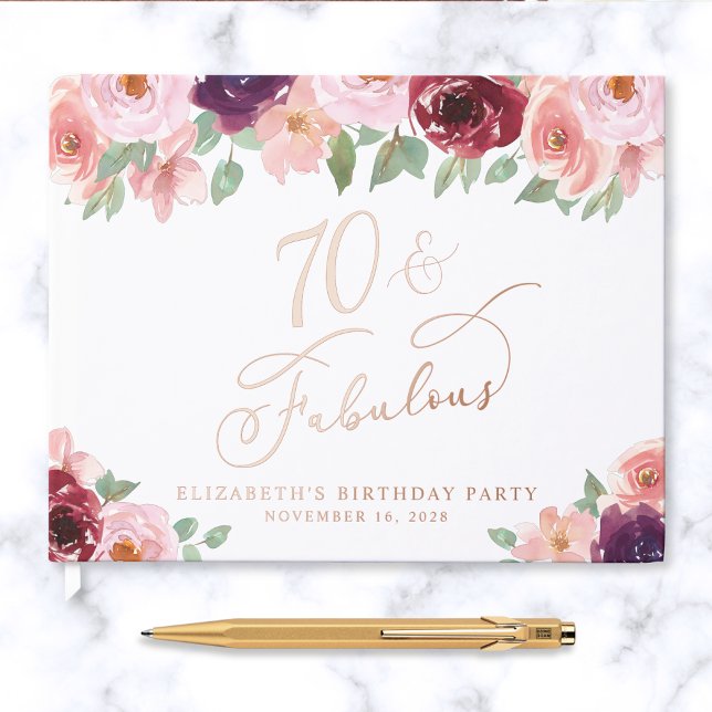 Elegant Floral Rose Gold Foil 70th Birthday Party Foil Guest Book (Creator Uploaded)