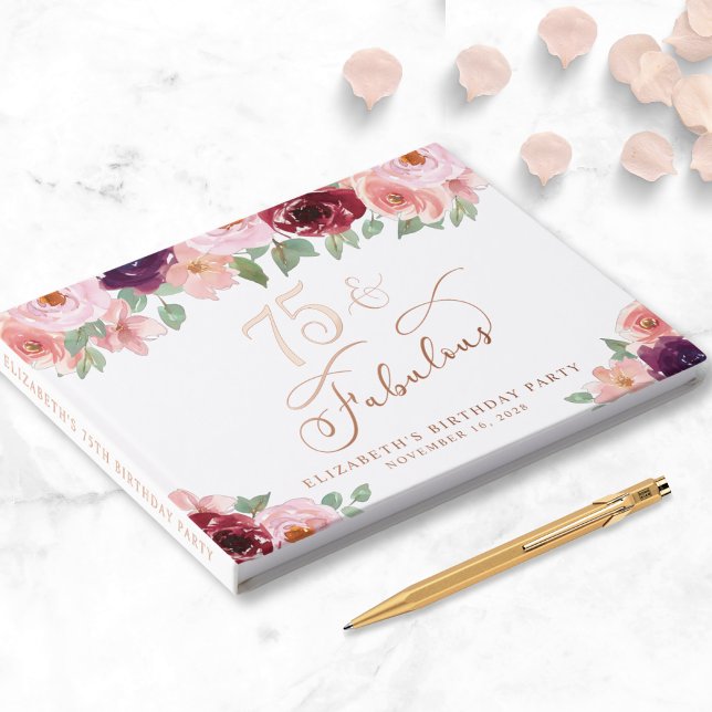 Elegant Floral Rose Gold Foil 75th Birthday Party Foil Guest Book (Creator Uploaded)