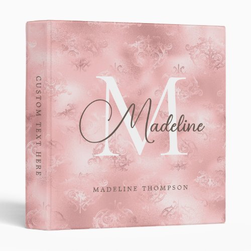 Elegant Floral Rose Gold Foil Script Monogram 3 Ring Binder