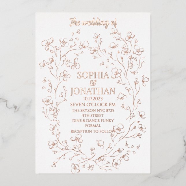 Elegant floral rose gold foil wedding invitation (Front)
