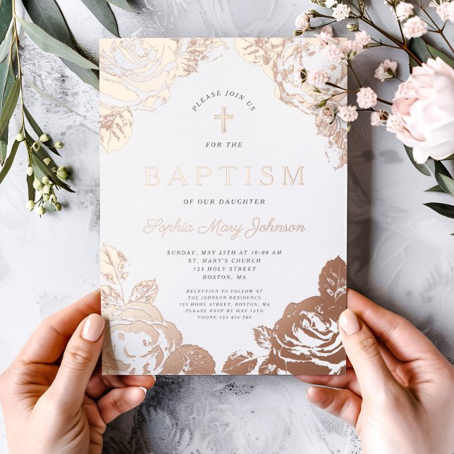 Elegant Floral Rose Gold Girl Baptism  Foil Invitation (Elegant Floral Girl Baptism Rose Gold Foil Invitation)