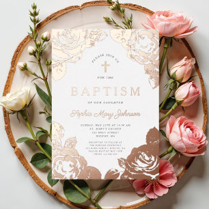 Elegant Floral Rose Gold Girl Baptism Foil Invitation