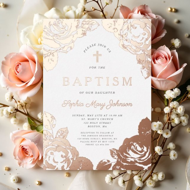 Elegant Floral Rose Gold Girl Baptism  Foil Invitation (Elegant Floral Rose Gold Girl Baptism Foil Invitation)