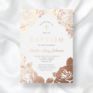 Elegant Floral Rose Gold Girl Baptism Foil Invitation