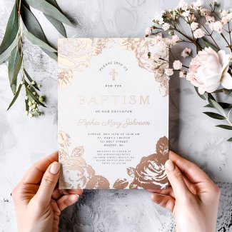 Elegant Floral Rose Gold Girl Baptism 