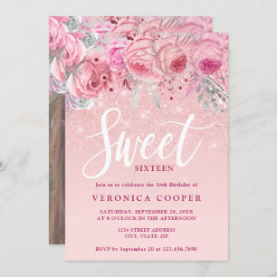Elegant floral rose gold glitter sweet sixteen invitation