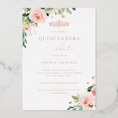 Elegant Floral Rose Gold Photo Quinceanera Foil Invitation